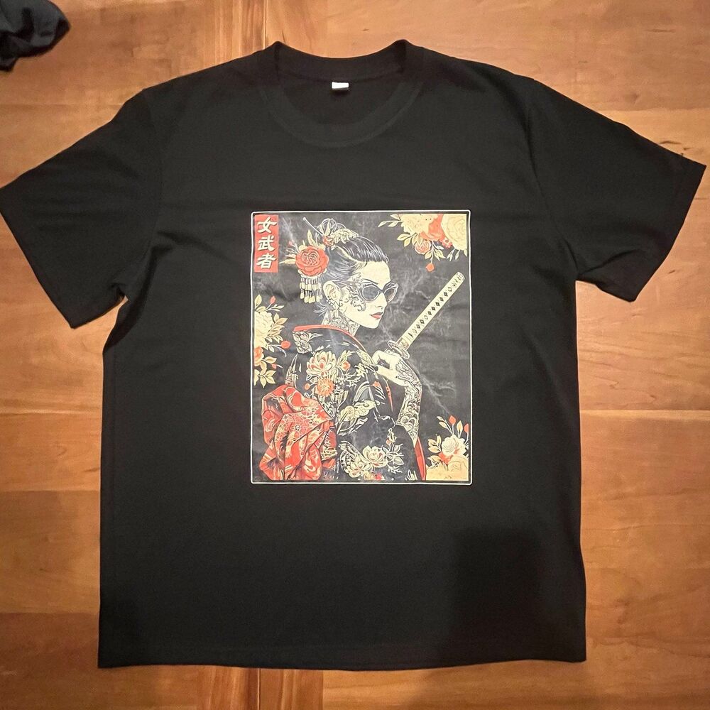 Graphic T-Shirt Cyberpunk Samurai Onna-Bugeisha Japanese Geisha Warrior Black XL
